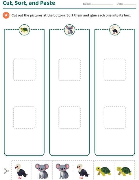 Preview of Cutting Practice worksheet featuring Animals for kindergarten