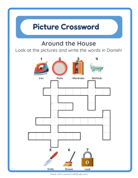 Preview of Learn Danish: Household Things – Picture Crossword for Kids