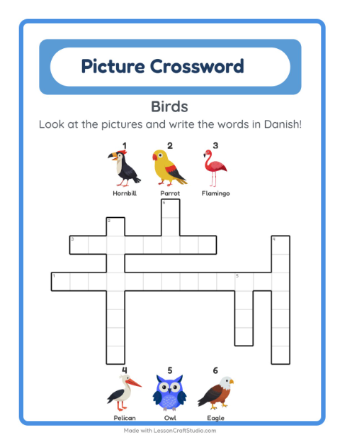 Preview of Learn Danish: Birds – Picture Crossword for Kids