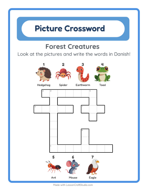 Preview of Learn Danish: Forest Creatures – Picture Crossword for Kids