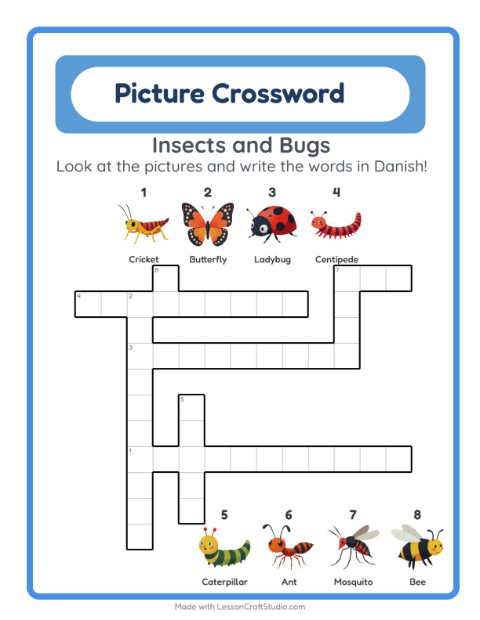 Preview of Learn Danish: Insects and Bugs – Picture Crossword for Kids