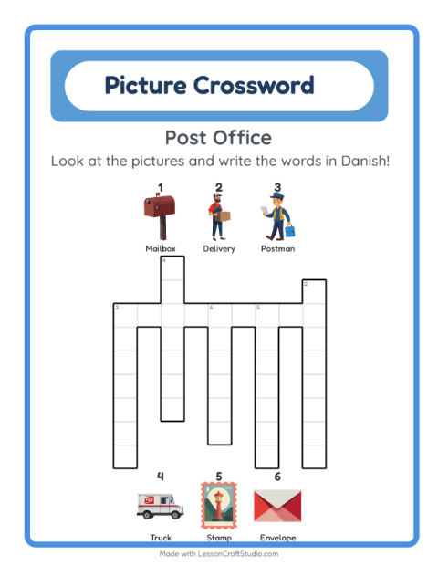 Preview of Learn Danish: Post Office – Picture Crossword for Kids