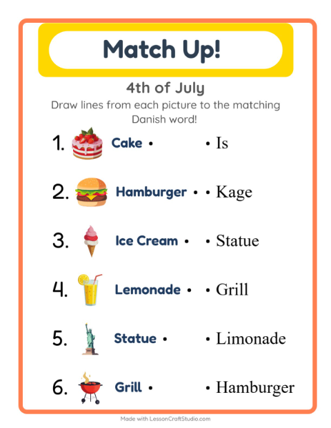 Picture-word match – Fourth of July Things