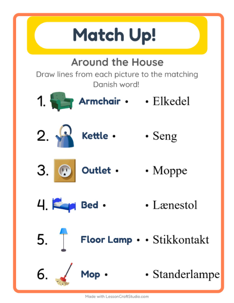Preview of Learn Danish: Household Things – Picture-Word Match for Kids