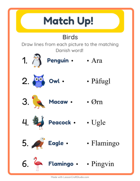 Preview of Learn Danish: Birds – Picture-Word Match for Kids
