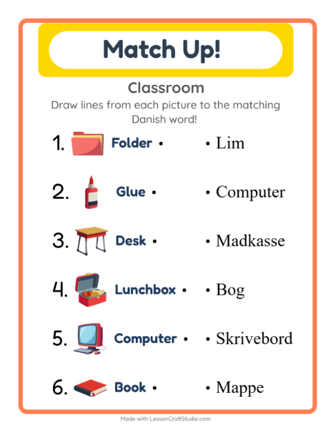 Preview of Learn Danish: Classroom Objects – Picture-Word Match for Kids