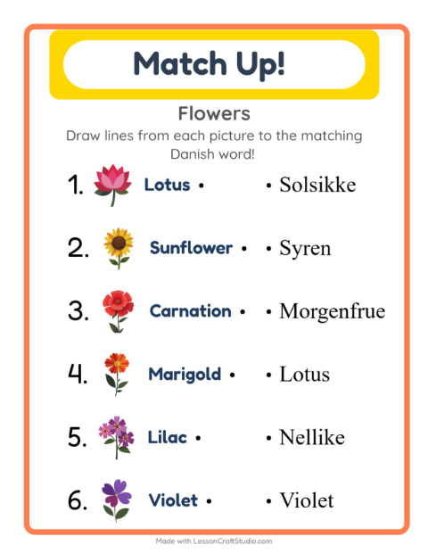 Preview of Learn Danish: Flowers – Picture-Word Match for Kids