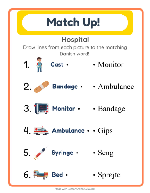 Picture-word match – Hospital Things