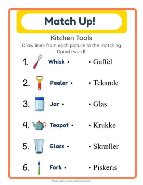 Preview of Learn Danish: Kitchen Tools – Picture-Word Match for Kids