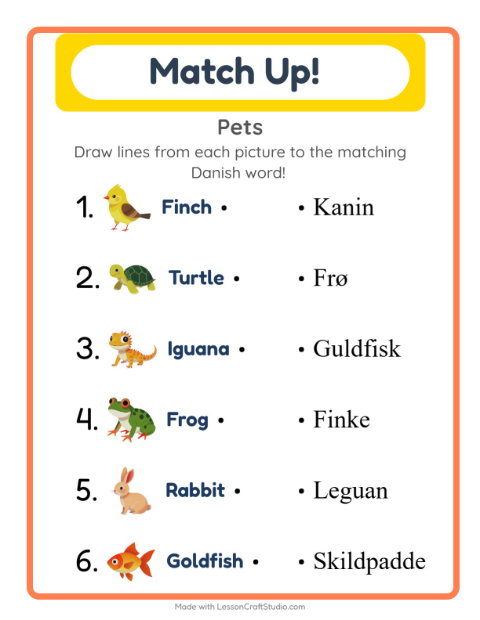 Preview of Learn Danish: Pets – Picture-Word Match for Kids