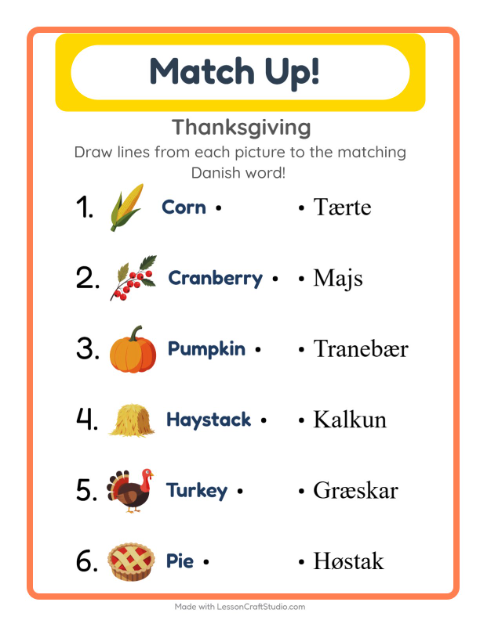 Picture-word match – Thanksgiving