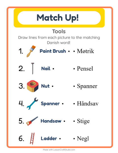 Preview of Learn Danish: Tools – Picture-Word Match for Kids
