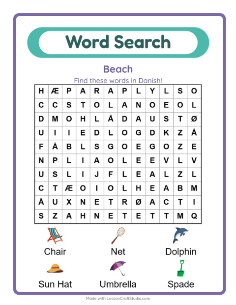 Picture word search – Beach Things