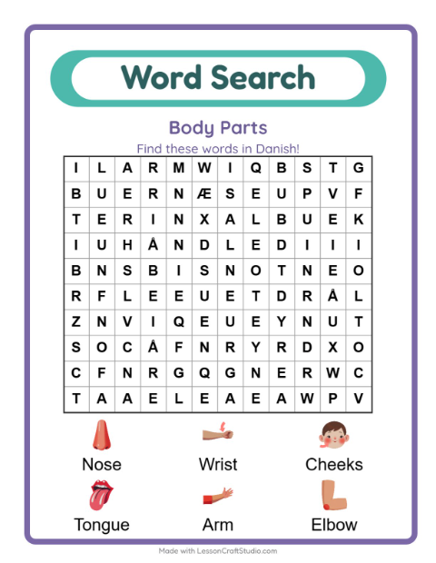 Preview of Six Danish body words, hidden in one letter grid