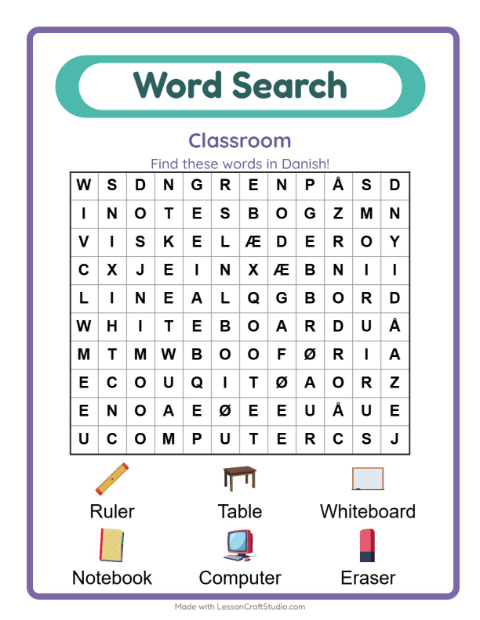Preview of Label the classroom in Danish, starting with six words