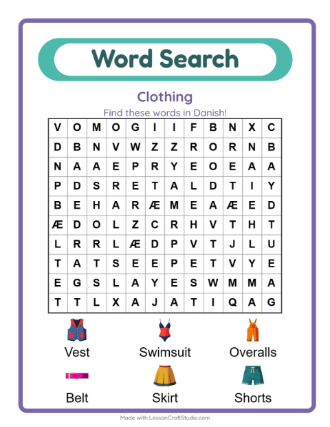 Preview of Six Danish clothes words for a child getting dressed