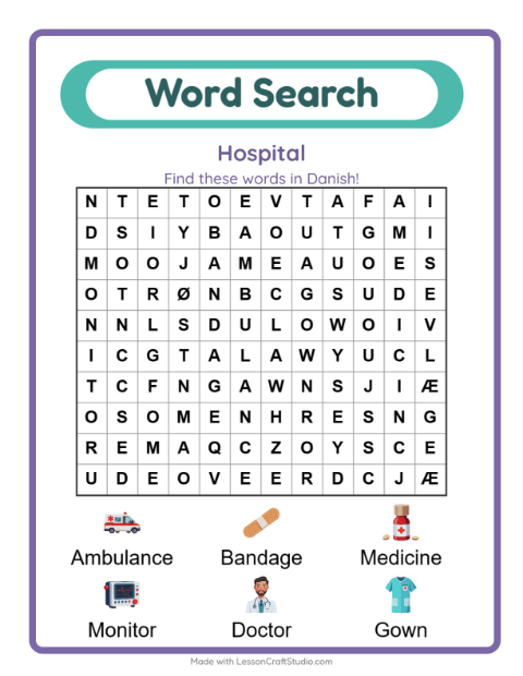 Picture word search – Hospital Things