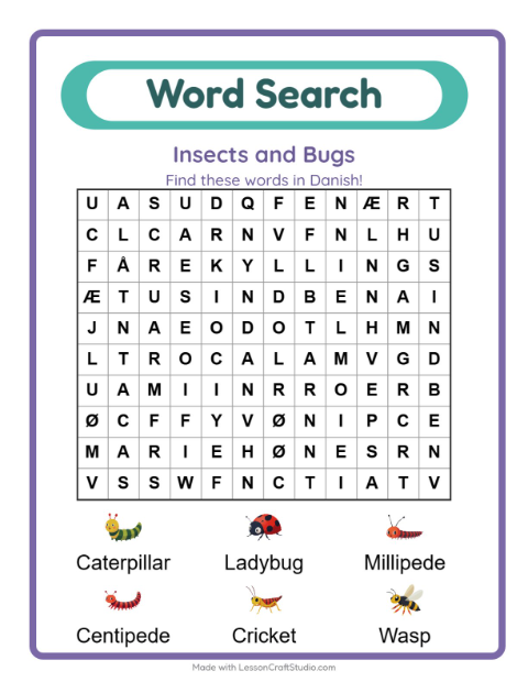 Picture word search – Insects and Bugs