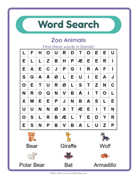 Picture word search – Zoo Animals