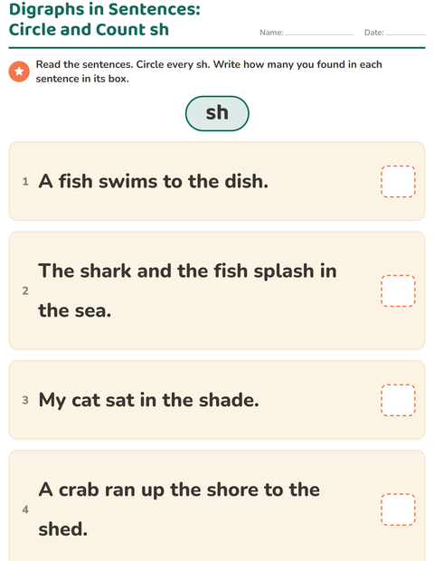 Preview of Digraphs in Sentences: Circle and Count sh