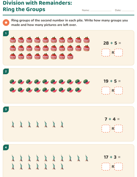 Preview of Division with Remainders worksheet featuring 4th of July for grade 3