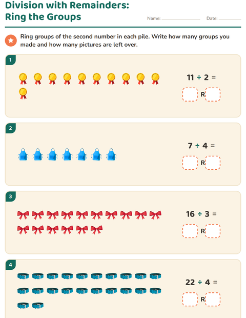 Preview of Division with Remainders worksheet featuring Accessories for grade 3