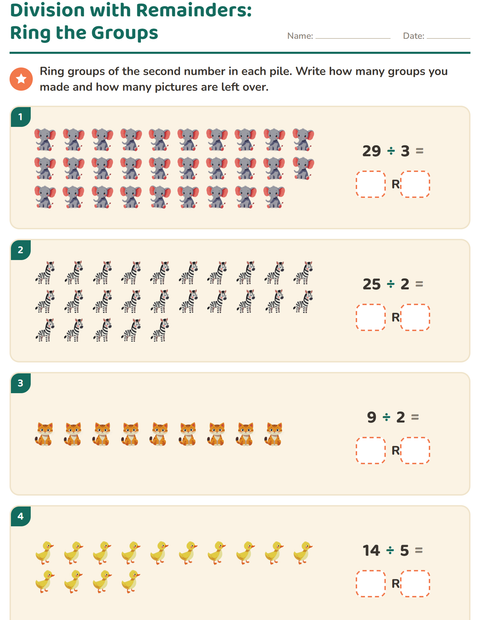 Preview of Division with Remainders worksheet featuring Animals for grade 3