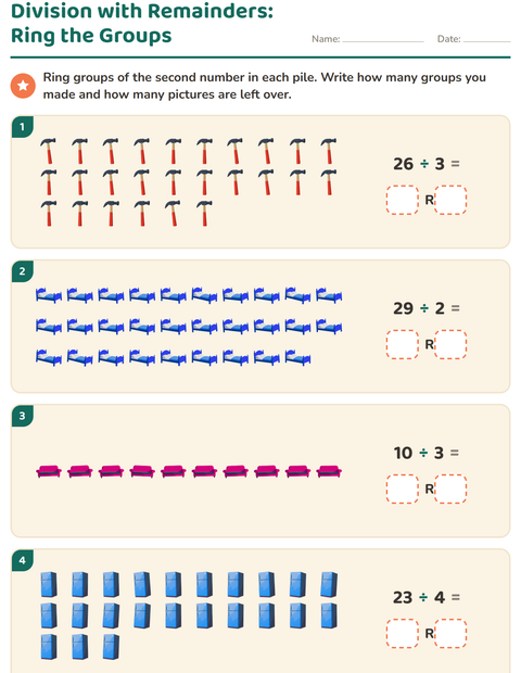 Preview of Division with Remainders worksheet featuring Around the House for grade 3