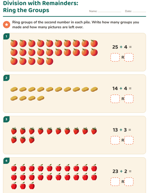 Preview of Division with Remainders worksheet featuring At the Supermarket for grade 3