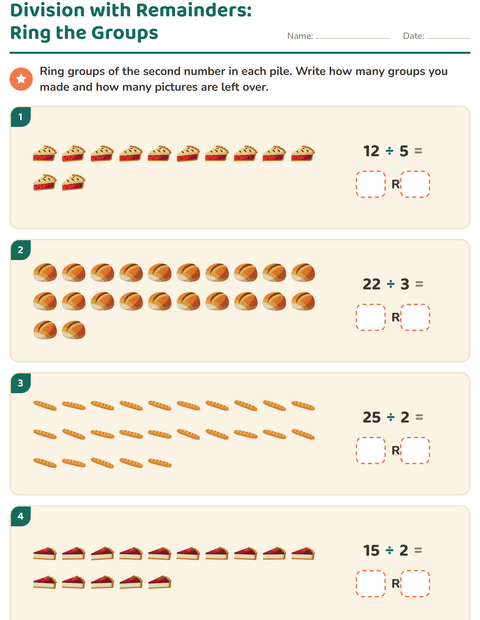 Preview of Division with Remainders worksheet featuring Bakery for grade 3