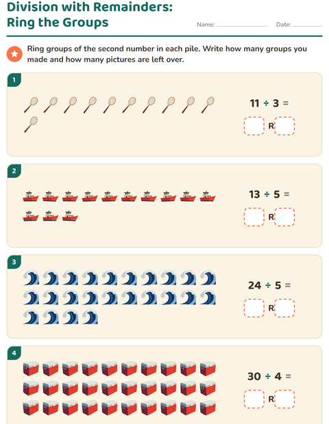 Preview of Division with Remainders worksheet featuring Beach for grade 3