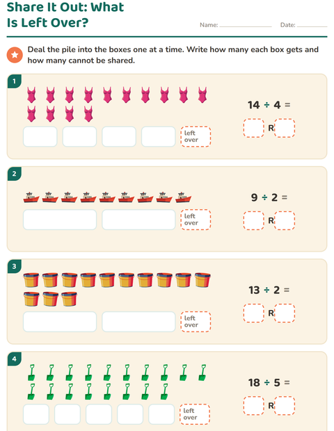 Preview of Division with Remainders worksheet featuring Beach for grade 3