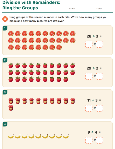 Preview of Division with Remainders worksheet featuring Breakfast for grade 3