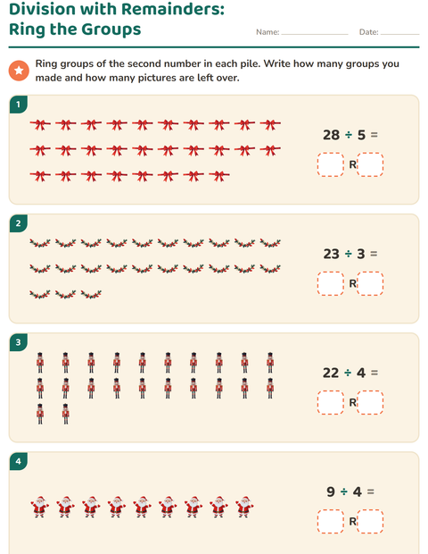 Preview of Division with Remainders worksheet featuring Christmas for grade 3