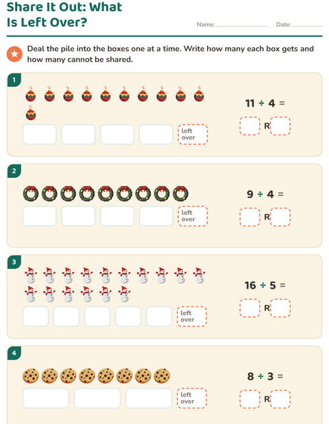 Preview of Division with Remainders worksheet featuring Christmas for grade 3