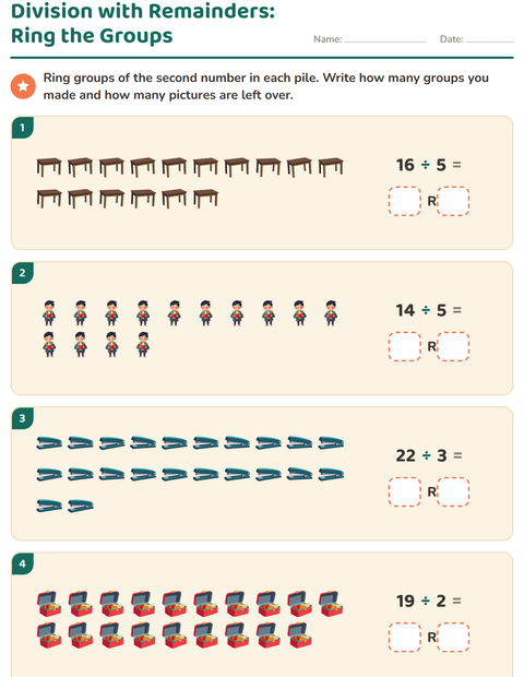 Preview of Division with Remainders worksheet featuring Classroom for grade 3