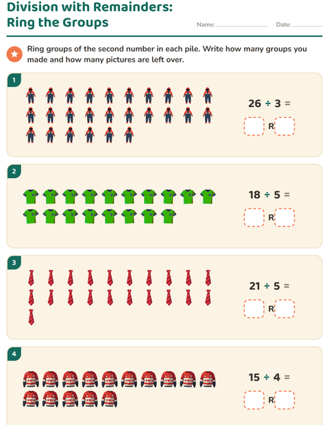 Preview of Division with Remainders worksheet featuring Clothing for grade 3