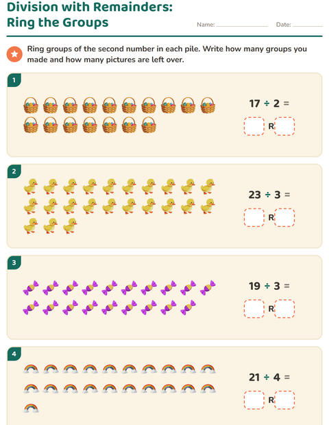 Preview of Division with Remainders worksheet featuring Easter for grade 3