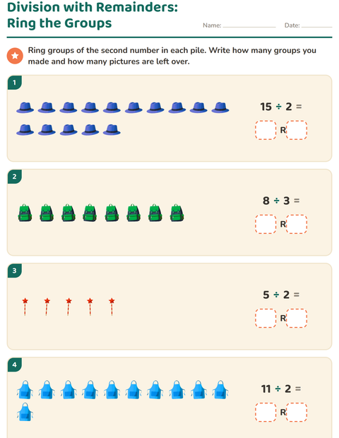 Preview of Division with Remainders worksheet featuring Accessories for grade 3
