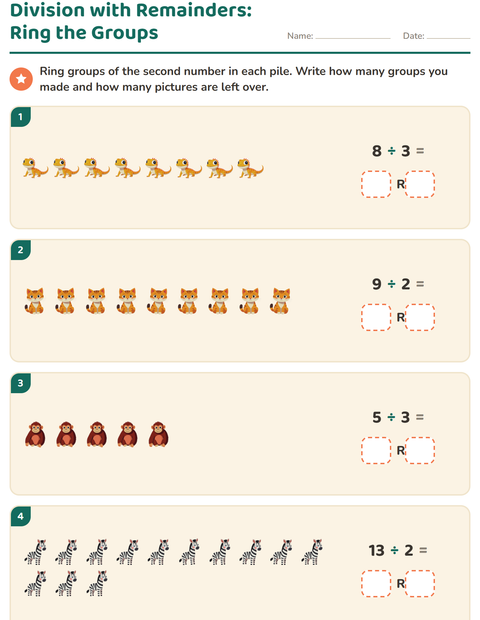 Preview of Division with Remainders worksheet featuring Animals for grade 3