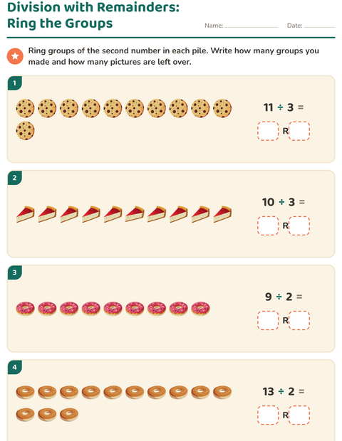 Preview of Division with Remainders worksheet featuring Bakery for grade 3