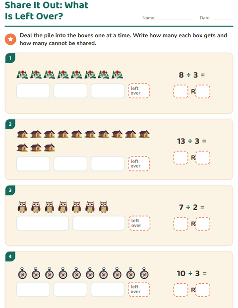 Preview of Division with Remainders worksheet featuring Camping for grade 3