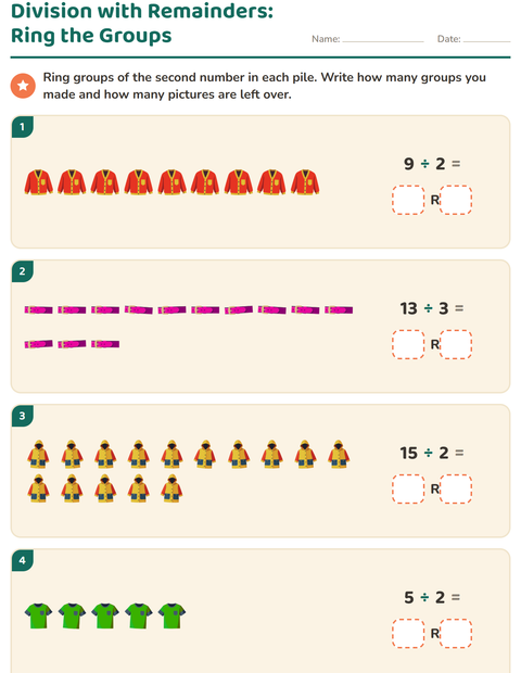 Preview of Division with Remainders worksheet featuring Clothing for grade 3