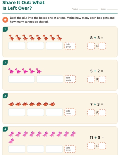 Preview of Division with Remainders worksheet featuring Dinosaurs for grade 3