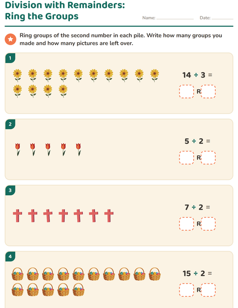 Preview of Division with Remainders worksheet featuring Easter for grade 3