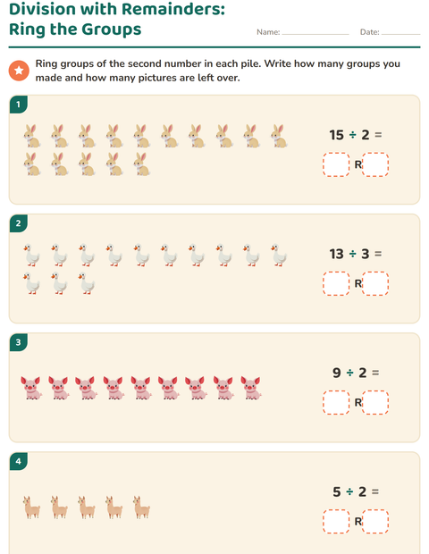 Preview of Division with Remainders worksheet featuring Farm Animals for grade 3