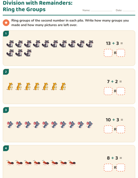 Preview of Division with Remainders worksheet featuring Forest Creatures for grade 3
