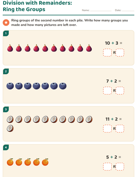 Preview of Division with Remainders worksheet featuring Fruits for grade 3