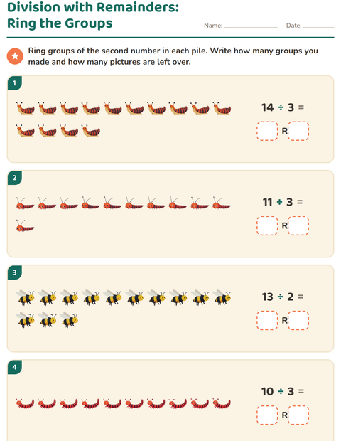 Preview of Division with Remainders worksheet featuring Insects and Bugs for grade 3