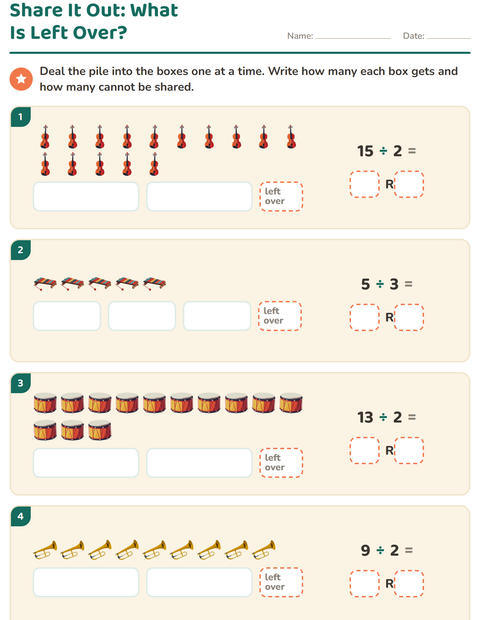 Preview of Division with Remainders worksheet featuring Music for grade 3